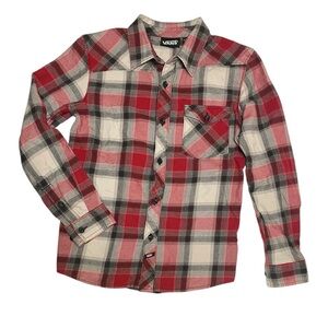 Vans Red Black‎ White Boys Flannel Button Up Sz L